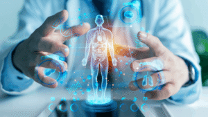 Doctor using digital interface to analyze a human body with highlighted organs and data overlays, representing integrative and functional medicine, root-cause analysis, and the evolving role of AI in personalized healthcare.