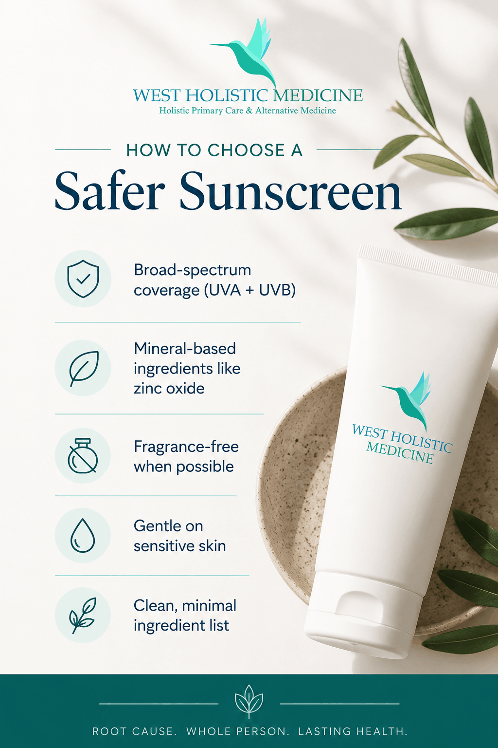 West Holistic Medicine infographic explaining how to choose a safer sunscreen, including broad-spectrum UVA and UVB protection, mineral sunscreen with zinc oxide, fragrance-free formulas, and clean ingredients for sensitive skin.