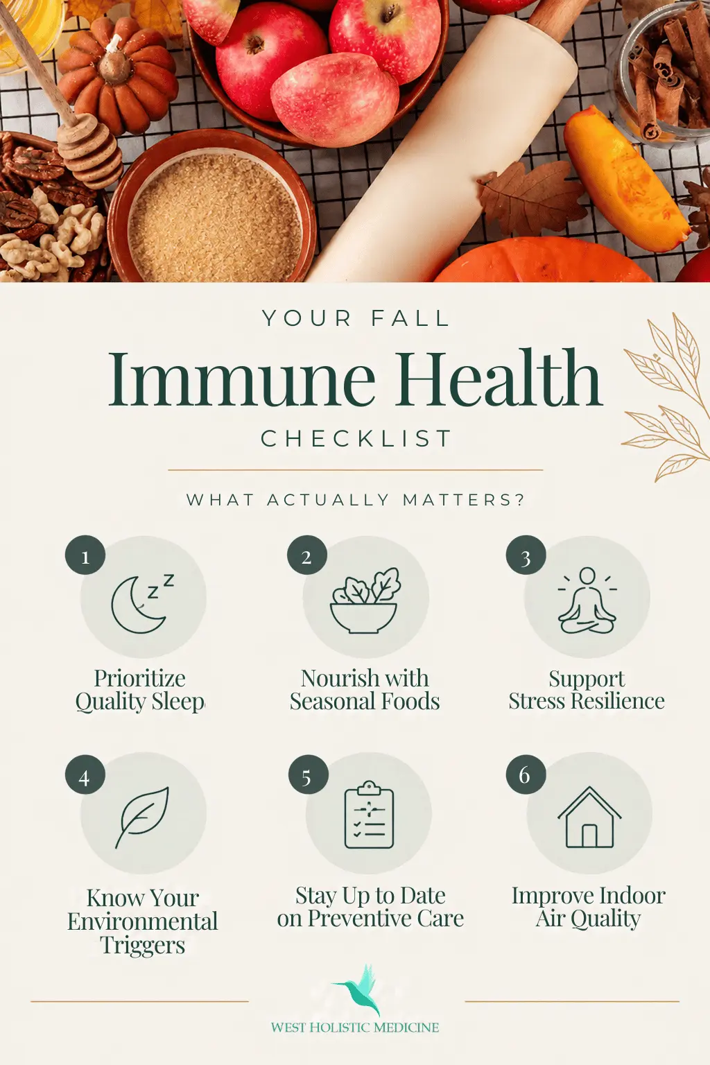 West Holistic Medicine’s fall immune health checklist featuring six tips for better sleep, seasonal nutrition, stress management, environmental awareness, preventive care, and indoor air quality.