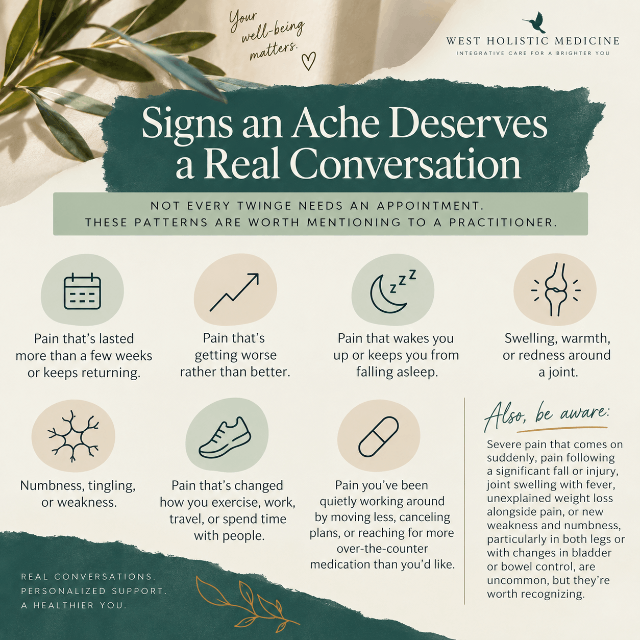 Signs persistent pain deserves medical attention, including worsening pain, sleep disruption, joint swelling, numbness, weakness, and changes in daily activities.