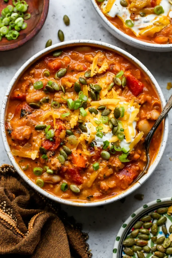 Cozy turkey pumpkin chili topped with pepitas, green onions and cheese for a protein-rich healthy fall dinner.